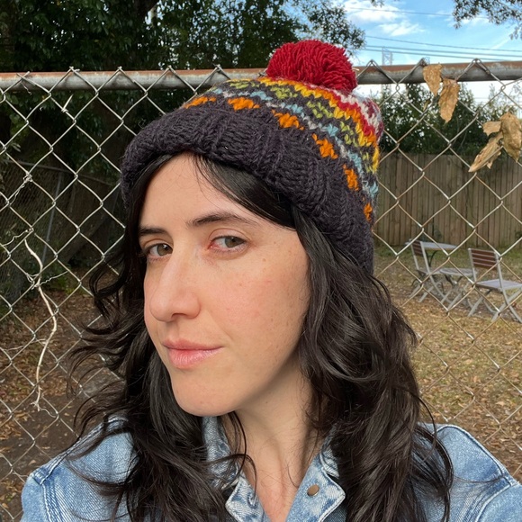 Rainbow Knit Beanie with Pom Pom - Picture 1 of 4